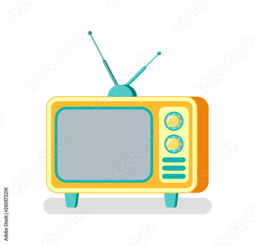 TV set with buttons vector, device for broadcasting and advertising of products. Mass media isolated icon, wide monitor and antenna on television box