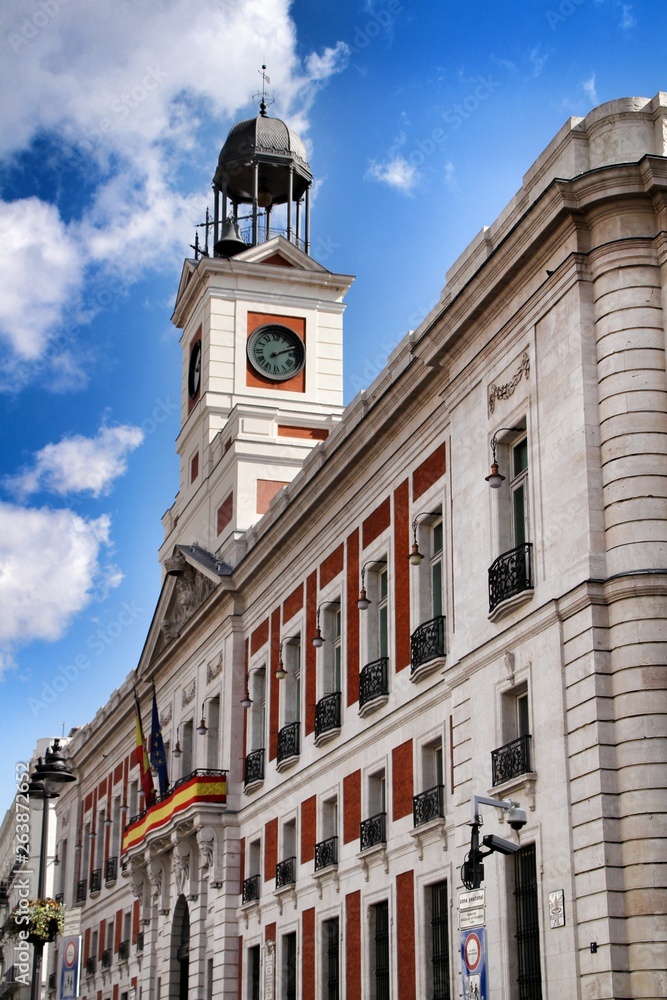 Beautiful clock tower of La Puerta del Sol square in Madrid