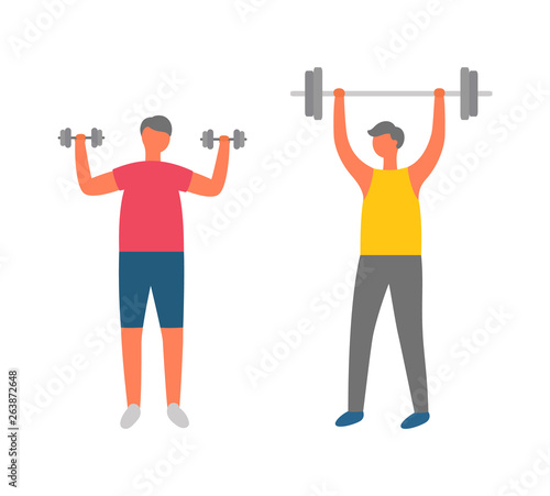Bodybuilders doing exercises vector, people in gym flat style. Athletes, weightlifters with barbell and dumbbells, sport characters in sportswear