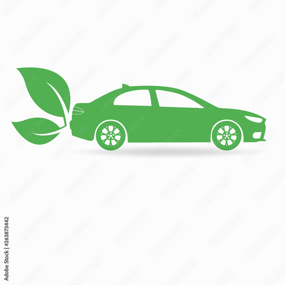 Eco car green leaf and car sign vector design
