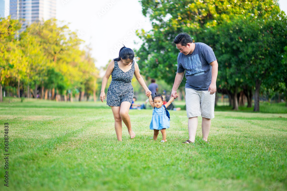 Fototapeta premium Happy family in the park, Parents holding baby hands walking on the grass field 