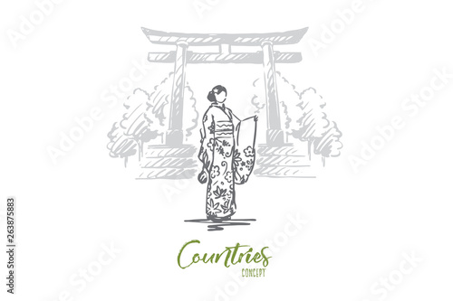 Japan, country, Sakura, traditional, Asia concept. Hand drawn isolated vector.