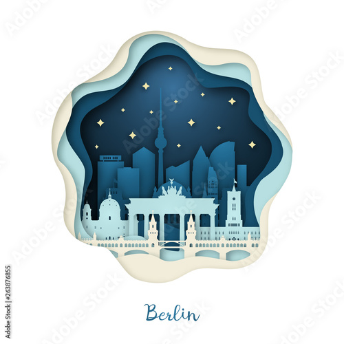 Paper art illustration of Berlin. Origami concept. Night city with stars. Vector illustration.