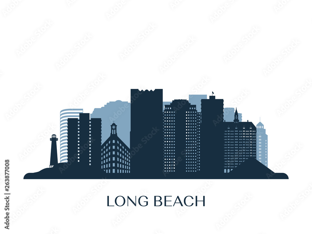 Long Beach skyline, monochrome silhouette. Vector illustration.