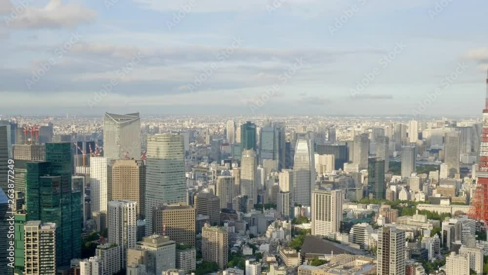 scenic aerial panoramic wide shot, camera pan over Tokyo City Skyline on low sunlight on a sunny blue and partly cloudy day. skyscrapers and many high corporate buildings on a clear view day scenic aerial panoramic wide shot, camera pan over Tokyo City Skyline on low sunlight on a sunny blue and partly cloudy day. skyscrapers and many high corporate buildings on a clear view day