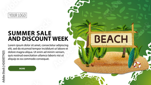 Summer sale and discount week, modern web banner for your website with coconut palms and bamboo sign with the inscription "beach"