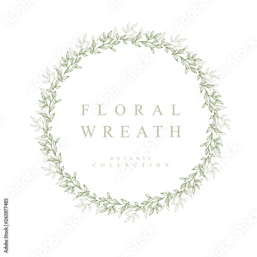 Green Floral Vector Wreath Isolated on a White Background. Delicate Garland Made of Green Tree Branches. Lovely Frame of Circle Shape Made of Green Sketeched Leaves. Hand Drawn Twigs.