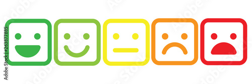 Basic emoticons set in square with rounded corners. Five facial expression of feedback scale - from positive to negative. Simple colored vector icons