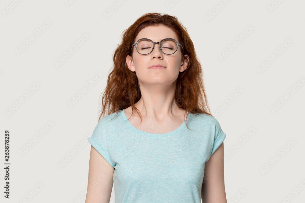 Happy red-haired girl breathe fresh air enjoying smell - obrazy, fototapety, plakaty 