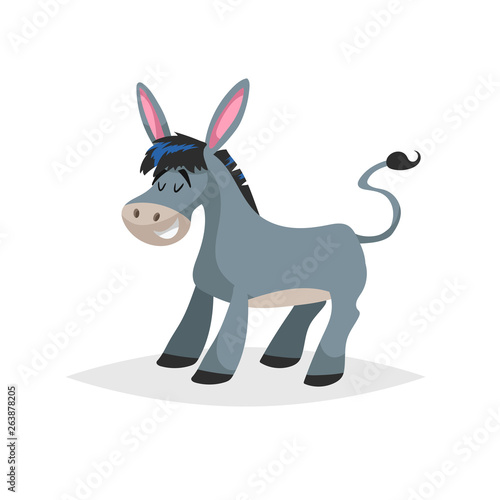 Cute cartoon donkey. Obstinate domestic farm animal. Vector illustration for education or comic needs. Vector drawing isolated on white background.