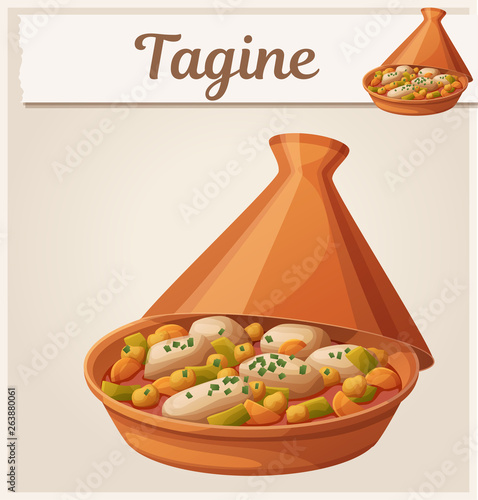 Tagine with chicken meat and vegetables icon. Cartoon vector food illustration