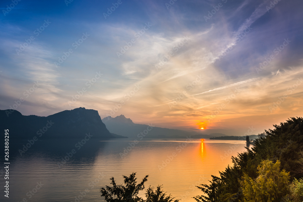 Gorgeous bright sunset . Lake Lucerne.