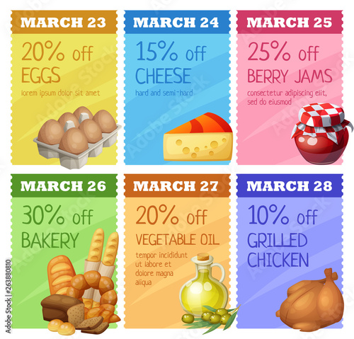 Grocery banners set vector design. Concept of advertising flyer with food icons