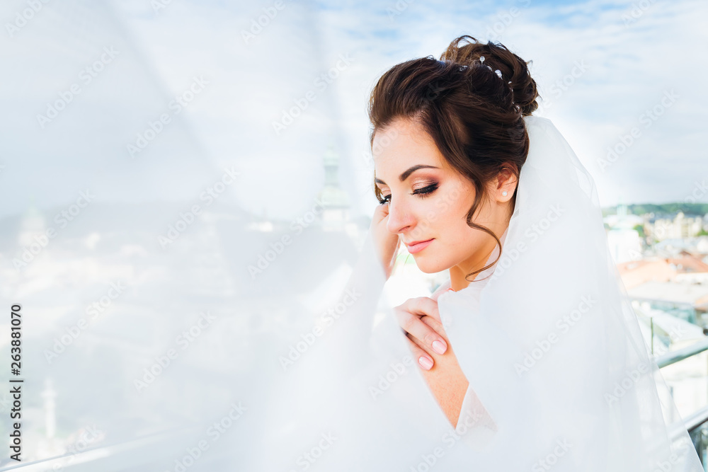 Close-up of a bride with a beautiful make-up on the background o