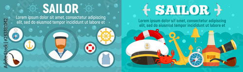 Marine sailor banner set. Flat illustration of marine sailor vector banner set for web design