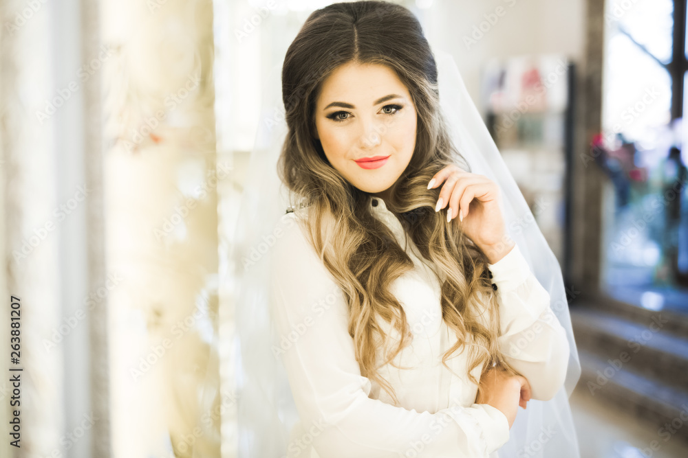 Gorgeous bride in robe posing and preparing for the wedding ceremony face in a room Gorgeous bride in robe posing and preparing for the wedding ceremony face in a room