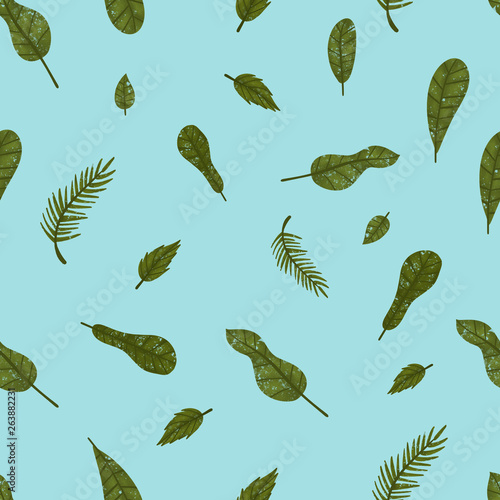 seamless pattern with green leafs on blue background