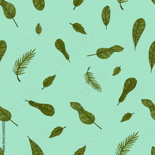 seamless pattern with green leafs on green background