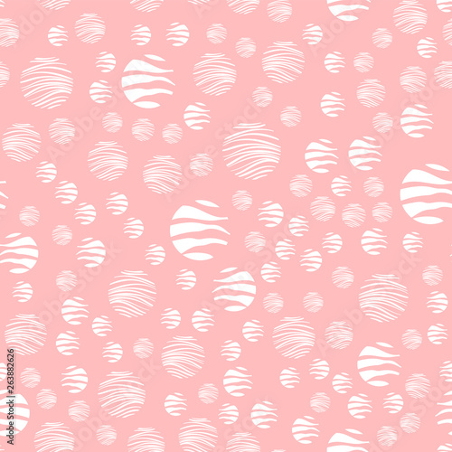 Pink vector background with white, mint, blue circles. Beautiful color pattern in a delicate palette. Design for fabric, paper, packaging, poster, banner sites. Vector illustration
