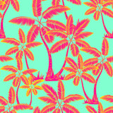 red Seamless tropical palms pattern. Summer endless hand drawn vector green background of palm trees can be used for wallpaper, wrapping paper, textile printing.