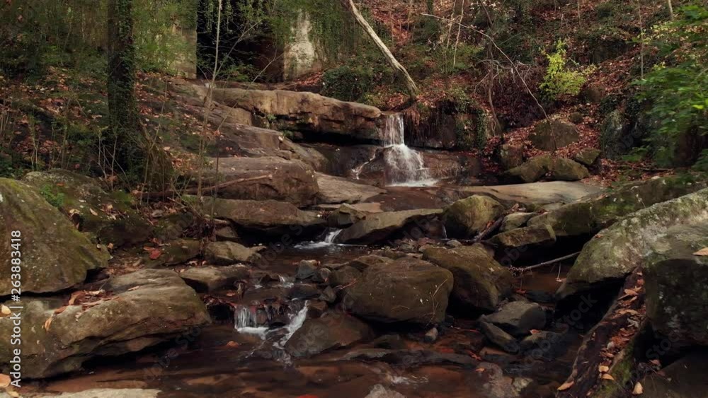 Rocky creek falls leading to dark, overgrown tunnel Rocky creek falls leading to dark, overgrown tunnel