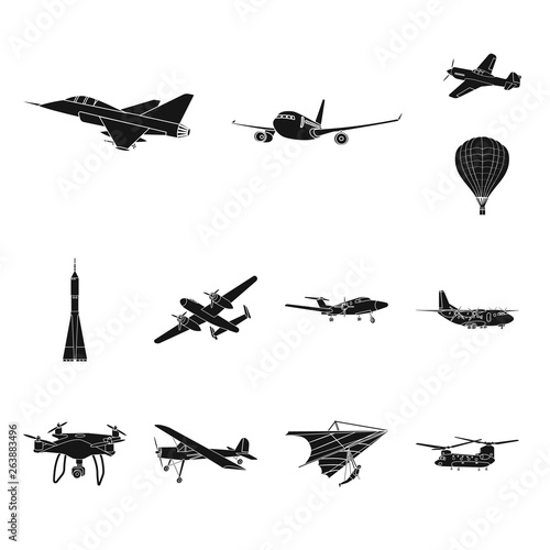 Vector illustration of plane and transport icon. Set of plane and sky stock symbol for web.