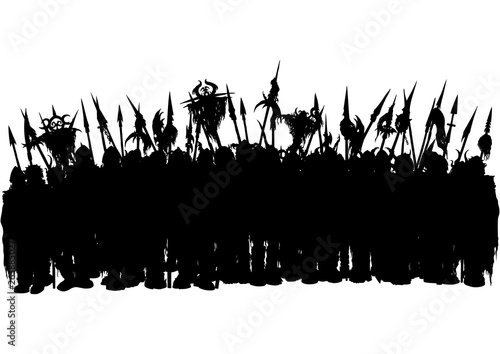 Fantasy silhouette of medieval army/ Illustration combined group of warriors in armor with banners and spears 