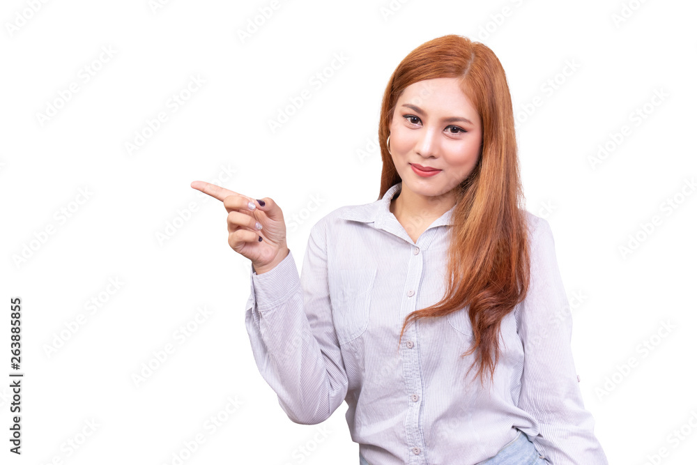 smiling Asian woman showing empty copy space with pointing finger isolated on white background with clipping path smiling Asian woman showing empty copy space with pointing finger isolated on white background with clipping path