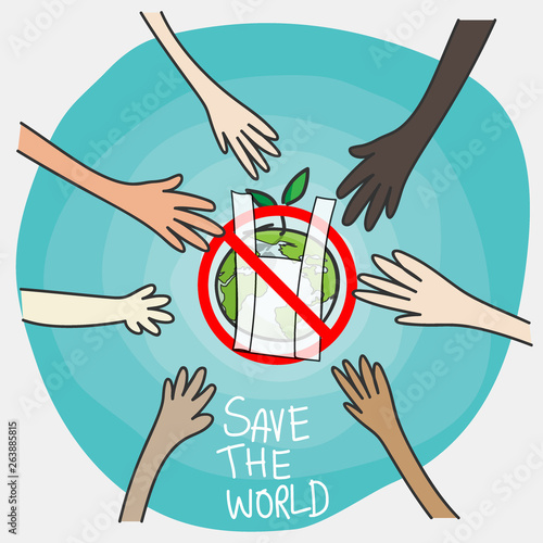 say no to plastic bags concept, cartoon style. cooperation of people in different nationalities with signage for stop using disposable polythene package.