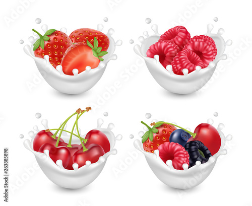 Fototapeta Naklejka Na Ścianę i Meble -  Berries yogurt set. Berries with milk splashes. 3d realistic vector
