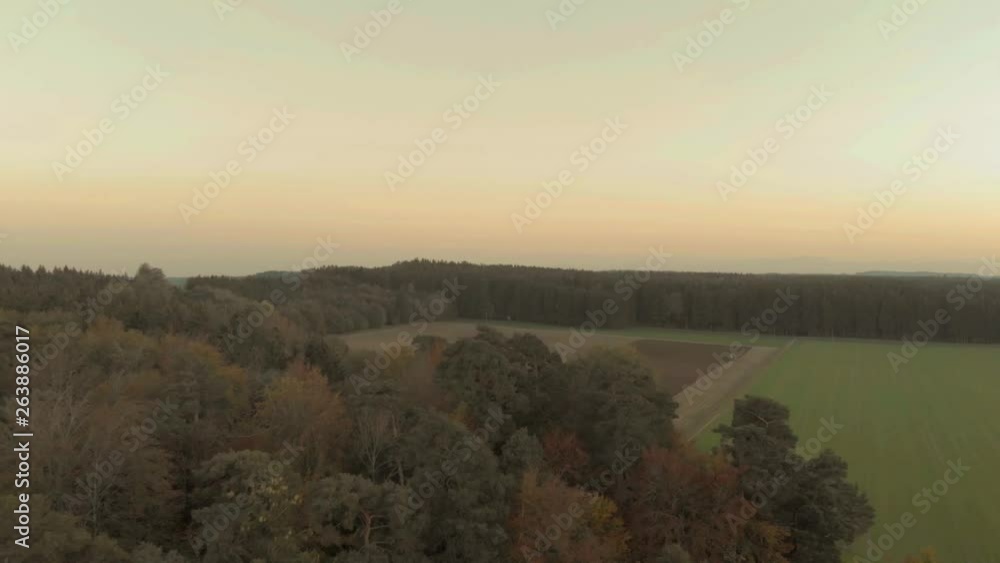 Drone shot going from farm land over a bordering forest. Drone shot going from farm land over a bordering forest.