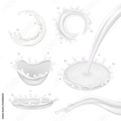 Set of milk splash isolated on white. Realistic vector image