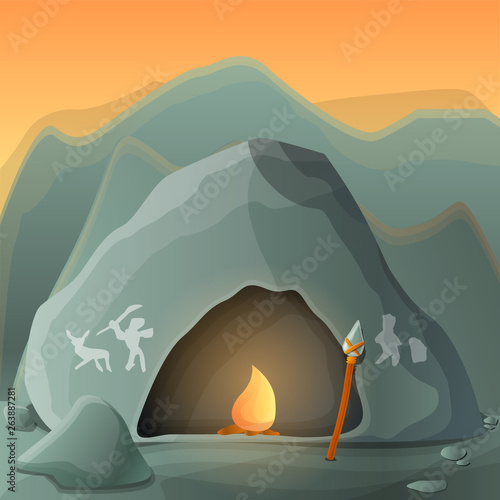 Stone age cave concept background. Cartoon illustration of stone age cave vector concept background for web design
