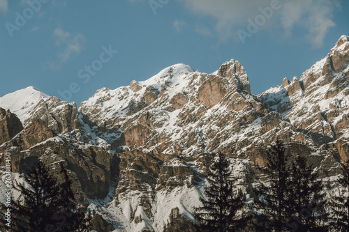 Alps, Dolomites, Italy view of mountains in winter.