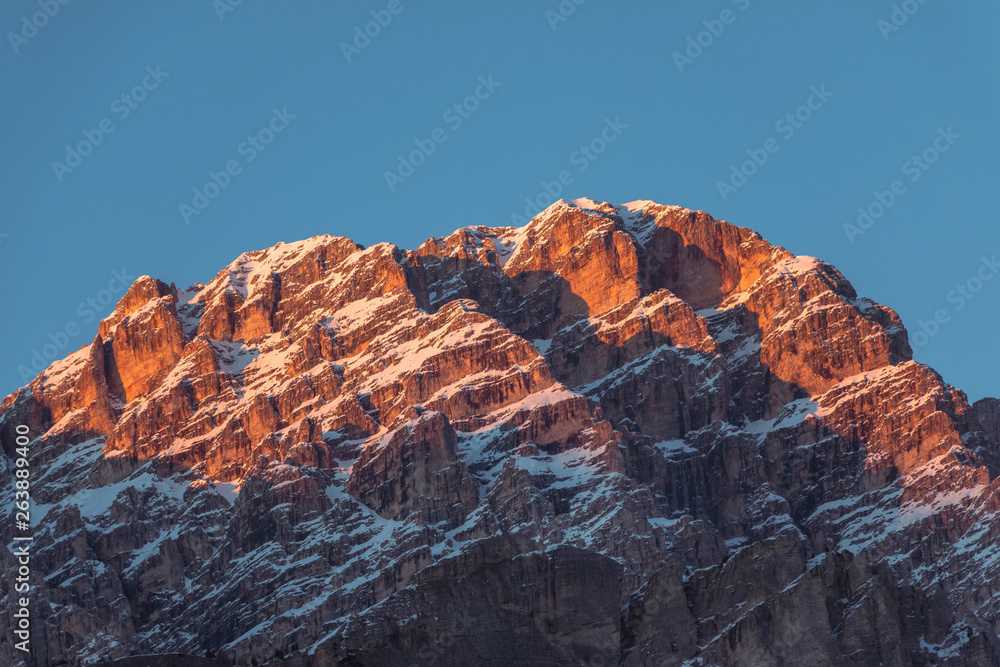 Beautiful sunset in the mountains in winter. Cortina d’Ampezzo - Alps, Dolomites, Italy.