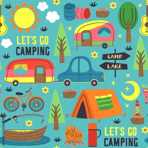 seamless pattern with summer camping - vector illustration, eps