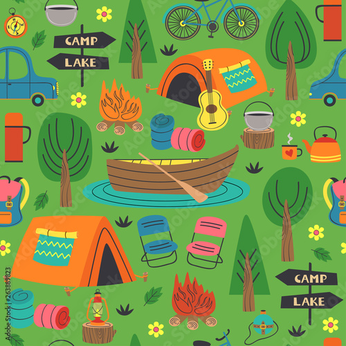 seamless pattern with summer camping in forest  - vector illustration, eps