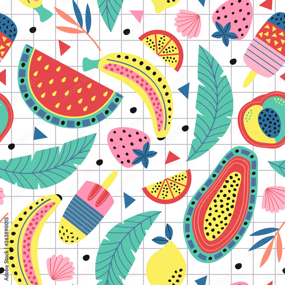 seamless pattern with fruit and ice cream on white background - vector illustration, eps