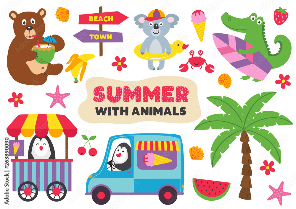summer with animals part 1  - vector illustration, eps