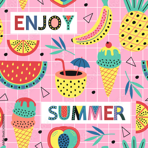 seamless pattern with summer fruit and ice cream  - vector illustration, eps