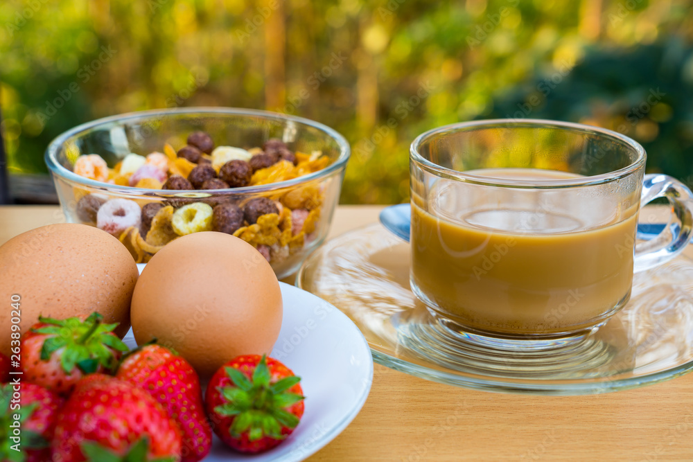 DSC06281 Hot coffee, cornflekes, boil eggs and ripe strawberry DSC06281 Hot coffee, cornflekes, boil eggs and ripe strawberry