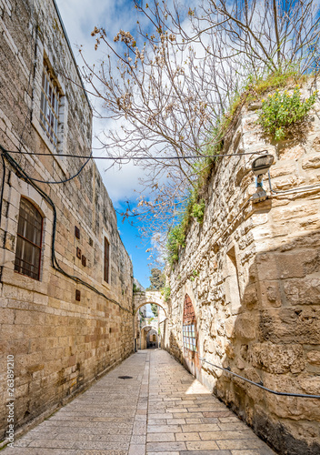 Morning in a narrow medieval street of old Jerusalem city, Israel