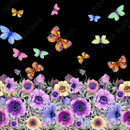 Beautiful colorful anemone flowers and flying butterflies with green leaves o...