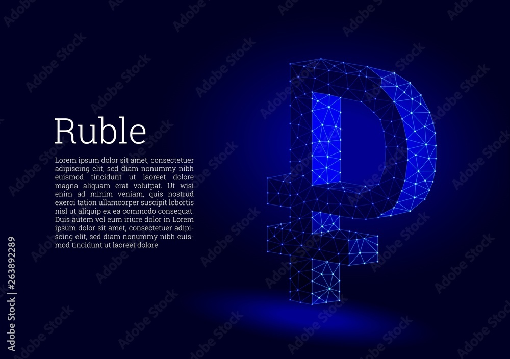 Russian ruble currency symbol icon, low poly design. Ruble coin bow made of triangular shapes, lines, and dots on dark blue background. Futuristic wireframe design, connection structure. Russian ruble currency symbol icon, low poly design. Ruble coin bow made of triangular shapes, lines, and dots on dark blue background. Futuristic wireframe design, connection structure.