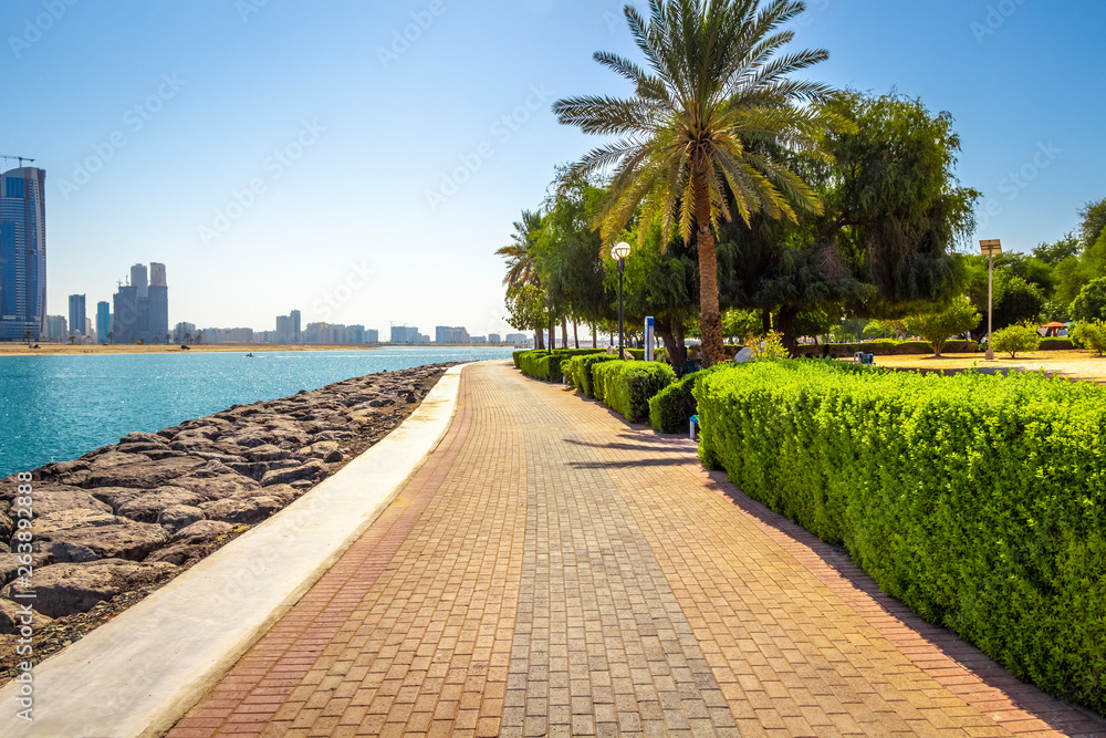Beautiful park footpath along the city beach.