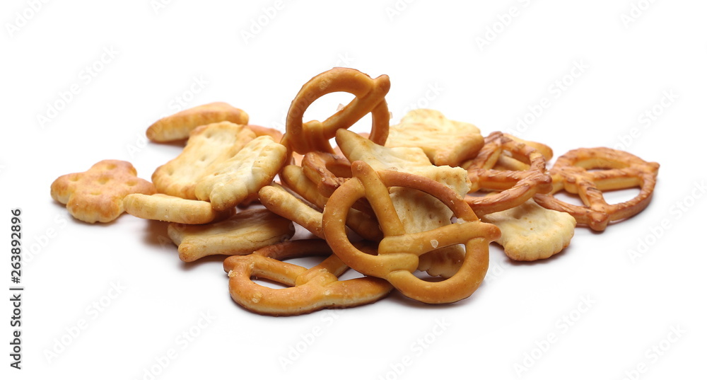 Salty cracker and pretzel snacks, party mix isolated on white background