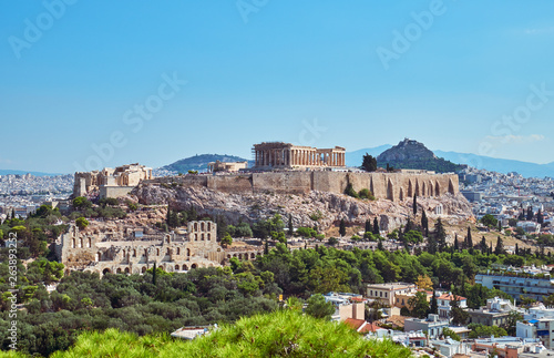 Beautiful view of the Acropolis of Athens. The main attraction of the city.