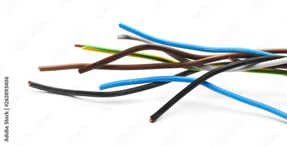 Cut insulated colorful wires isolated on white background