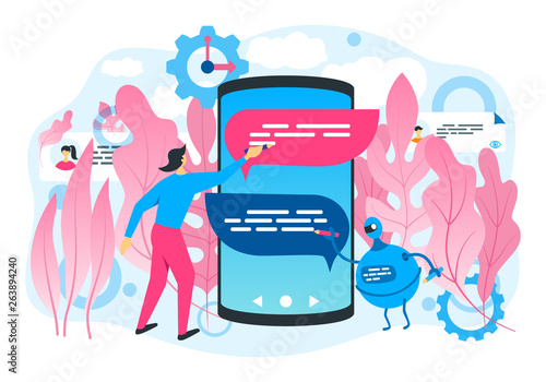 Chatbot and man write messages in mobile phone. Chatbot technology concept. Modern vector illustration.. Modern vector illustration.