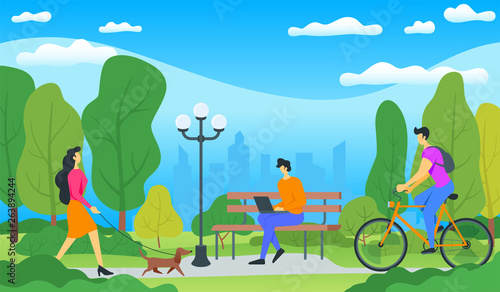City park concept. A man sits on a bench, woman walks a dog, a cyclist © Genestro